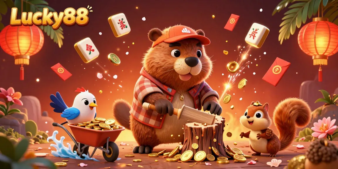 Play games and win at Lucky88 while a beaver collects golden coins in a vibrant casino scene.