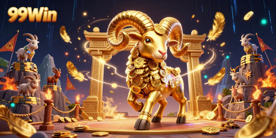 Experience thrilling action with 99Win's dynamic gaming scene featuring a golden ram and vibrant casino elements.