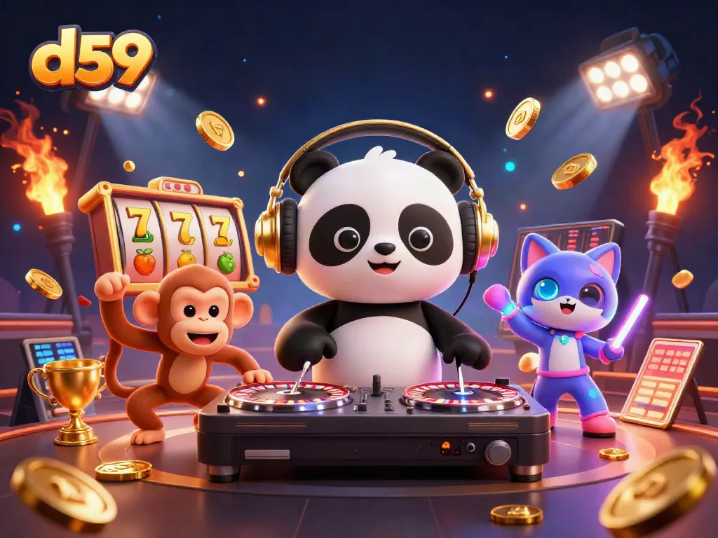 Experience gaming excitement at d59 with vibrant characters and slot elements in action.