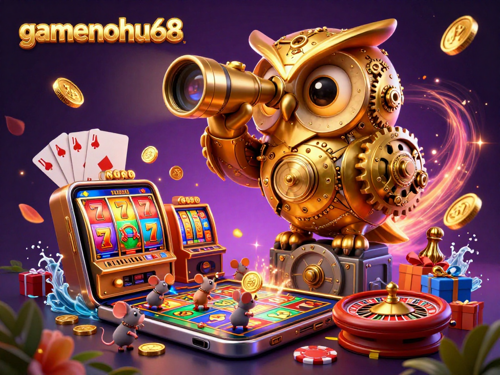 Experience gaming excitement with gamenohu68's 3D clockwork owl and vibrant casino symbols.