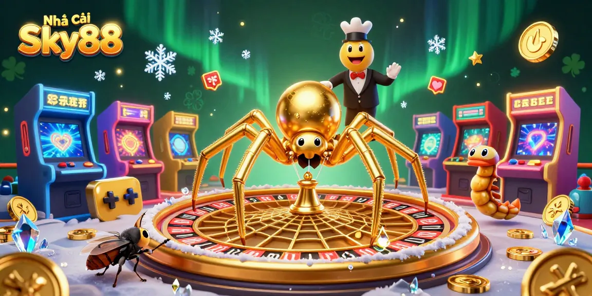Experience the thrill at Nhà cái Sky88 with a lively 3D casino scene featuring classic gaming elements.