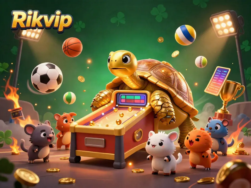 Engage with the exciting world of Rikvip's online gaming, featuring a golden tortoise pinball and vibrant sports elements.