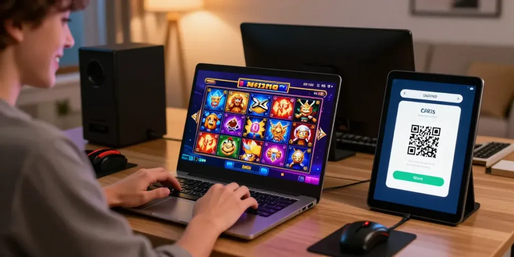 Engaging online gaming setup with a player enjoying slot games and quick QRIS deposits.