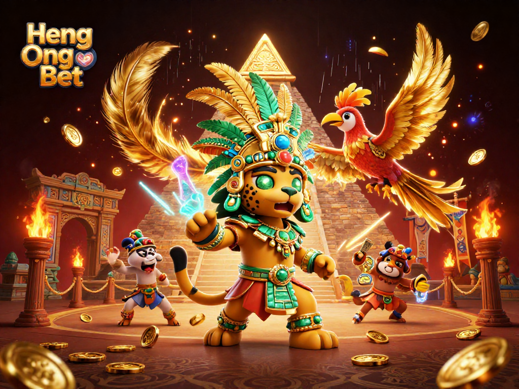 Engage with Heng Ong Bet through vibrant Mayan-themed 3D casino illustration showcasing jackpots and excitement.