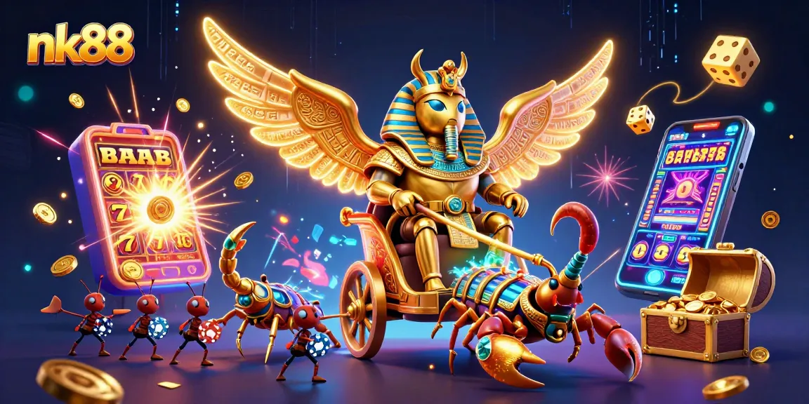 Experience thrilling gaming with nk88 featuring a golden scarab beetle amidst a vibrant casino scene.