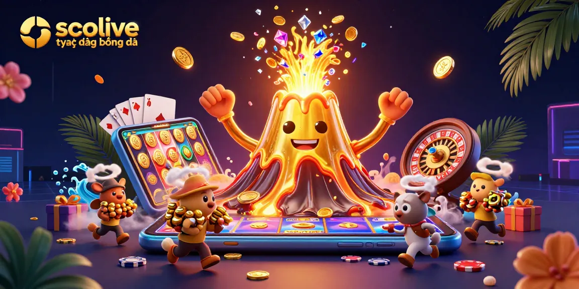 Experience socolive trực tiếp bóng đá with a vibrant 3D illustration of a volcano erupting coins and gaming elements.
