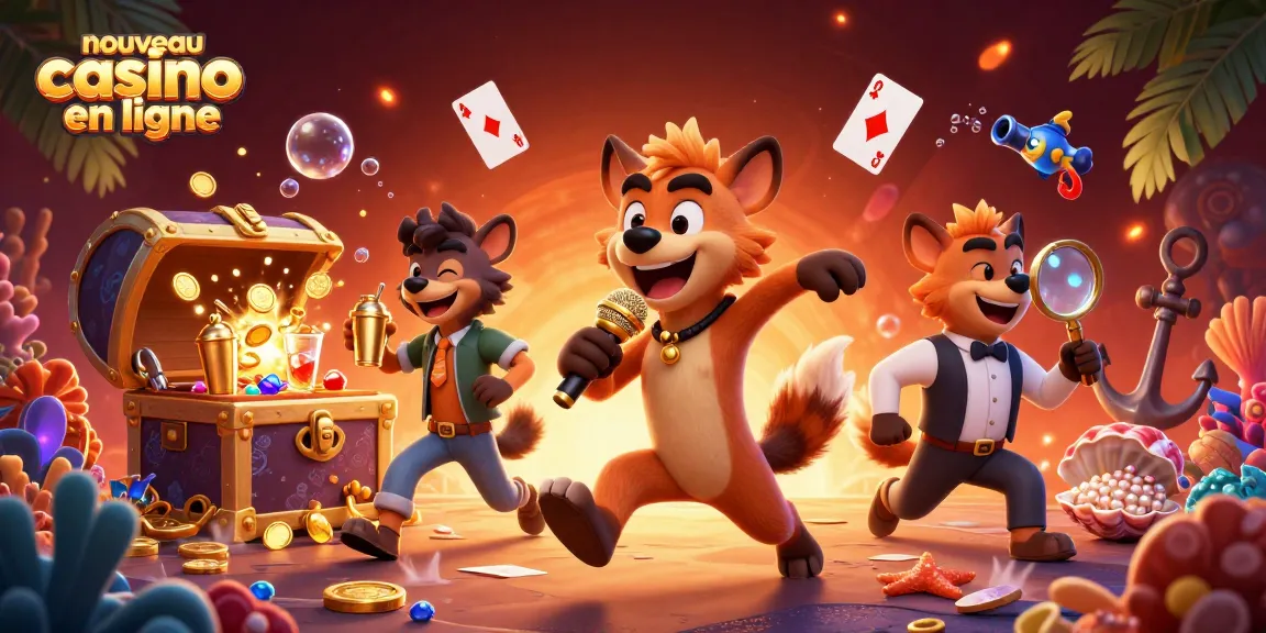 illustration d'un nouveau casino en ligne avec une hyène comique, des pièces et des cartes flottantes
