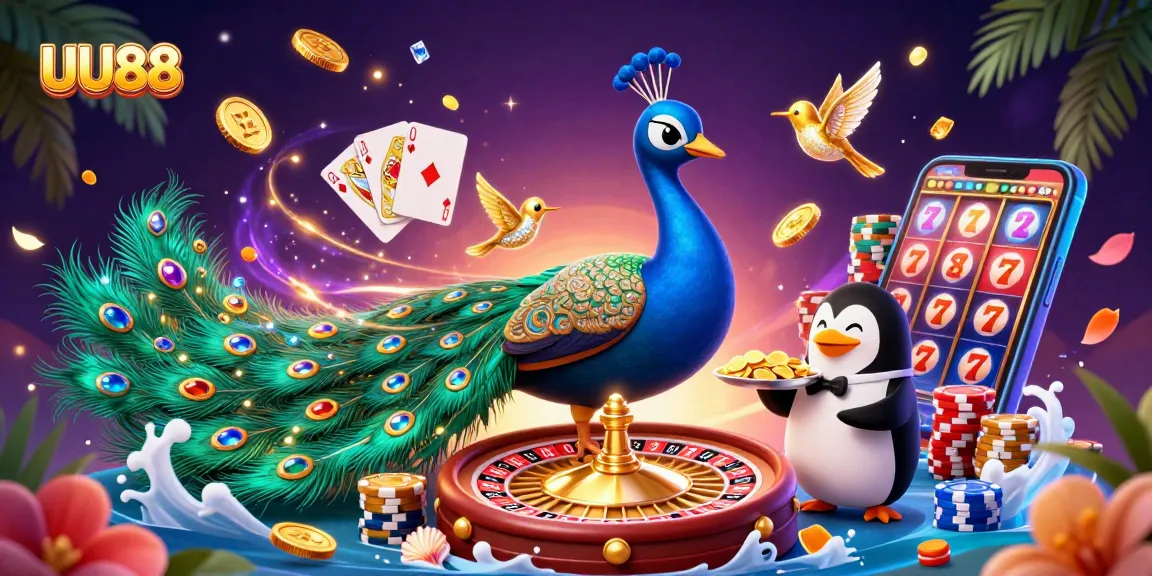 Experience the thrill of UU88 with a vibrant 3D illustration showcasing casino elements and lively characters.