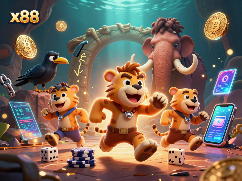 Engage with x88 casino gameplay featuring immersive illustrations of prehistoric characters and casino elements.