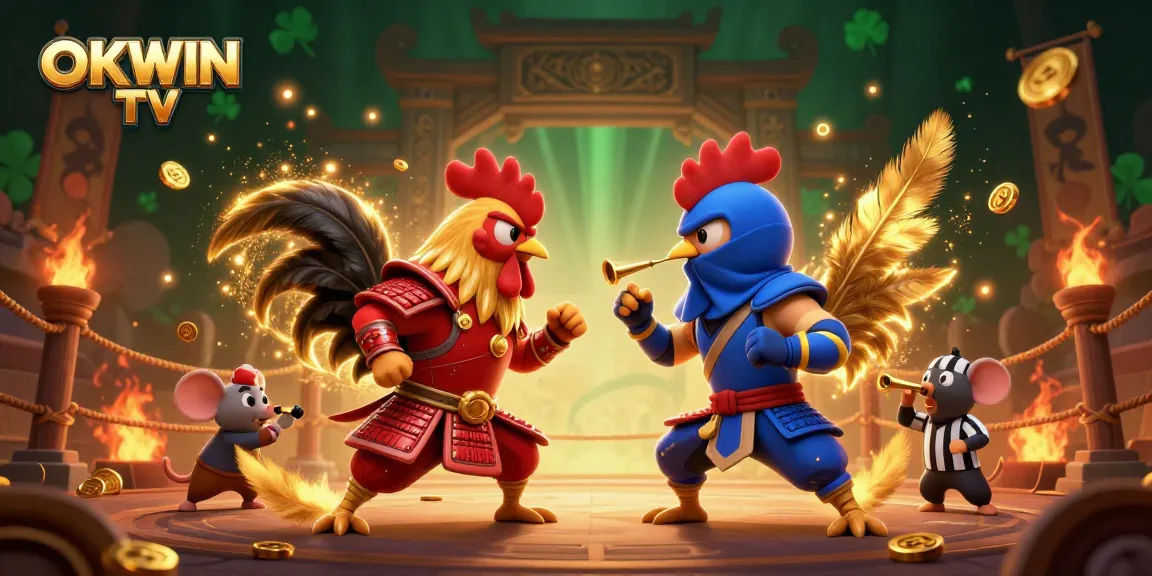 Experience the excitement of betting with OKWIN TV as cartoon roosters battle in a vibrant, dynamic scene.