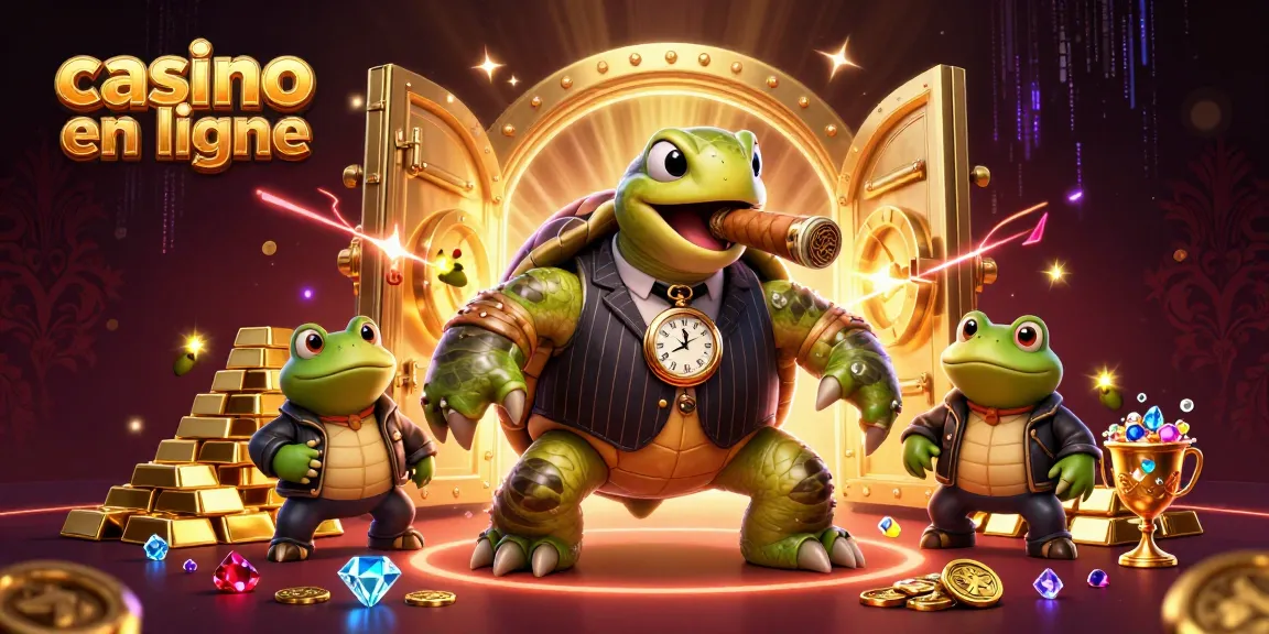 Illustration d'un casino en ligne avec une tortue massive en costume, des grenouilles en cuir et des trésors étincelants.