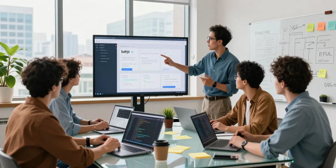 Team collaboration in a tech workspace highlighting bdtjl development with laptops and creative visual aids.