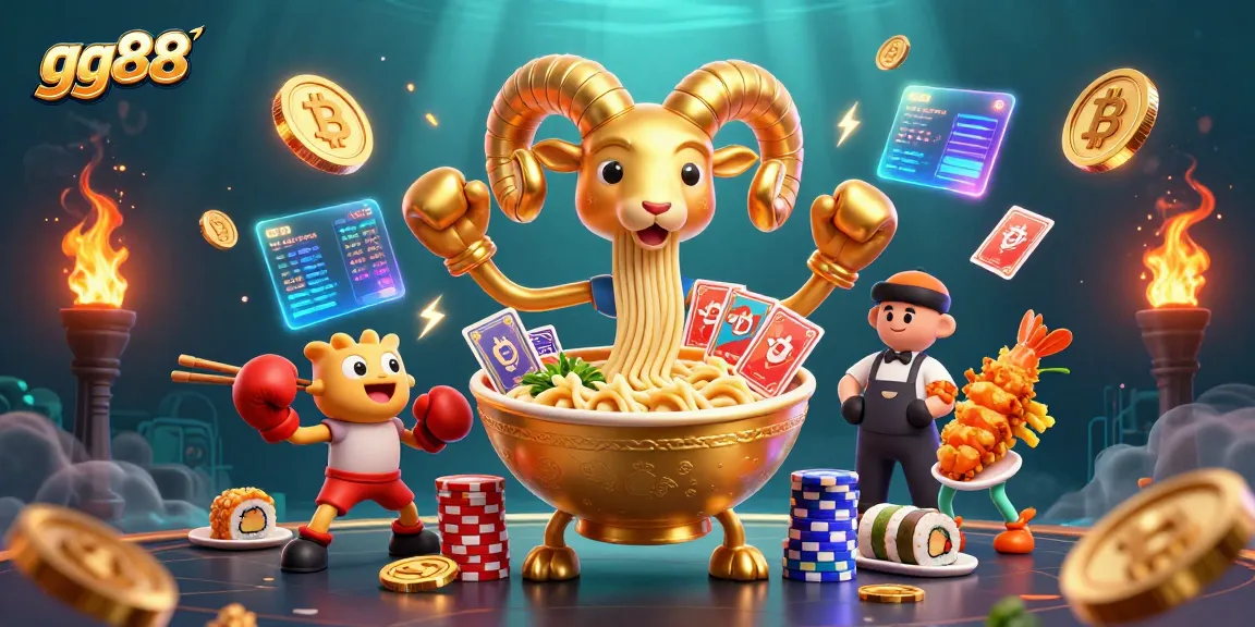 Engage in gaming excitement with gg88 as a festive ramen bowl dealer interacts with crypto elements