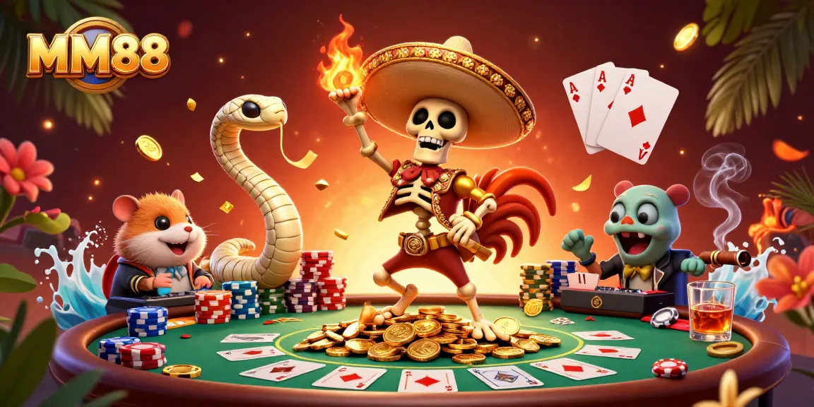Experience the vibrant MM88 gaming atmosphere with a 3D casino-themed illustration featuring lively characters and gaming elements.