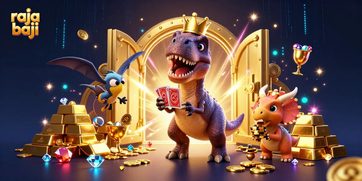 Engage in thrilling raja baji gameplay as cartoon dinosaurs shuffle cards and stack golden chips.