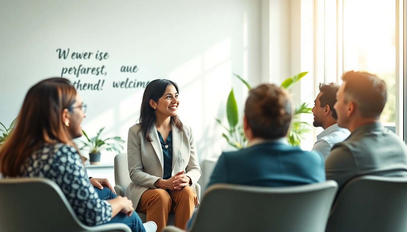 Engaging Career Coaching session with a diverse group in a modern office environment.