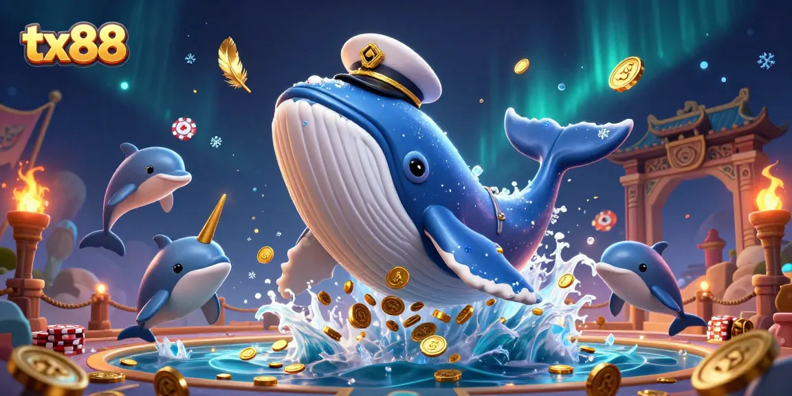 Elevate your gaming experience with tx88, featuring a whale and playful dolphins in a vibrant casino scene.