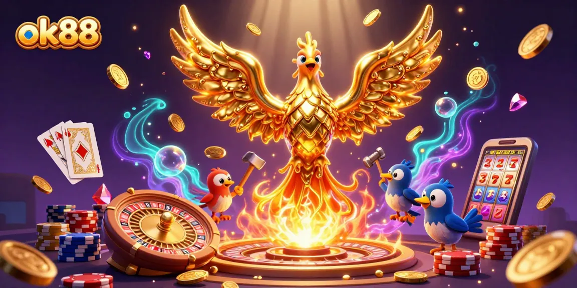 Join the fun at ok88 with a golden phoenix and vibrant casino elements in an epic gaming scene.