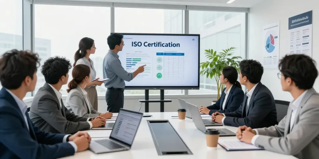 Team discussing ISO Certification in Pakistan during a meeting, showcasing professional collaboration and industry expertise.