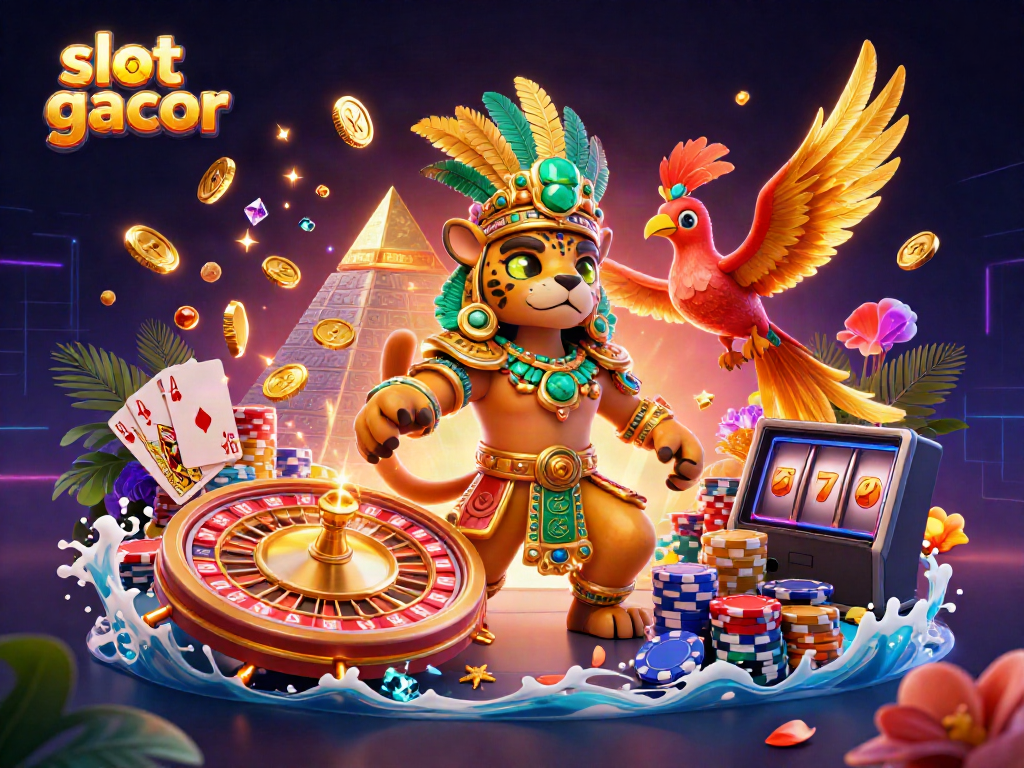 Experience the thrill of slot gacor with animated Mayan characters surrounded by casino riches.