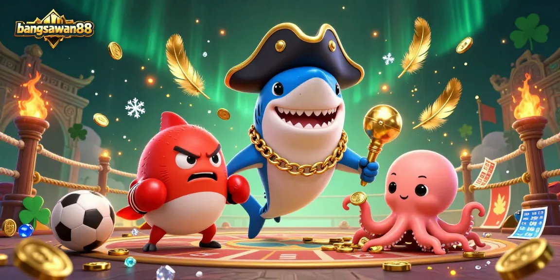 Bets with bangsawan88 as the pirate shark, pufferfish, and octopus interact in an exciting sports betting atmosphere.