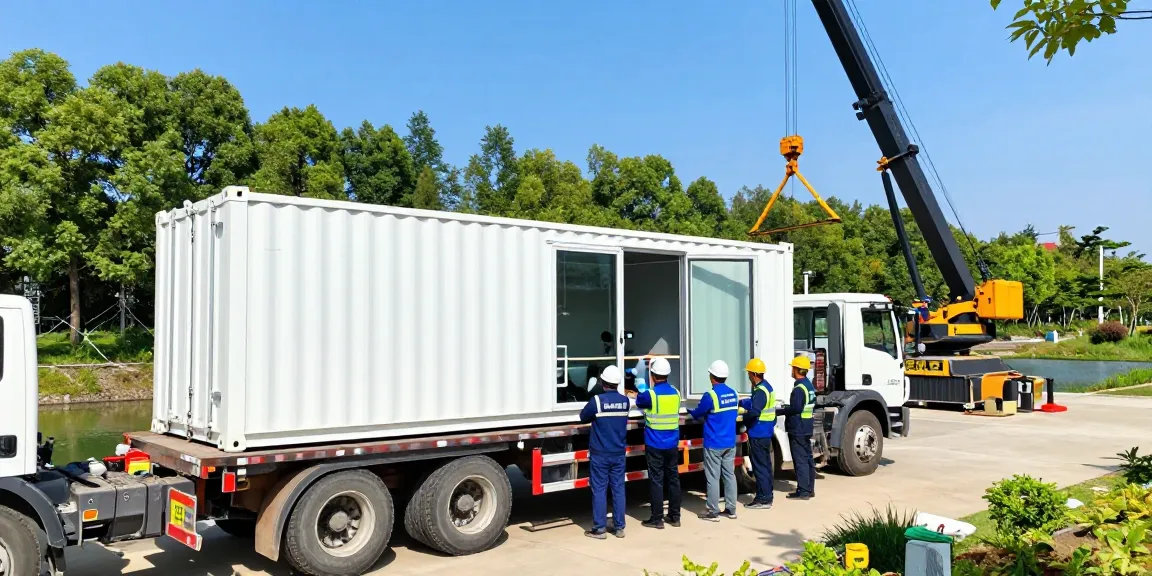 Containerized wastewater treatment system operational outdoors with engineers and equipment
