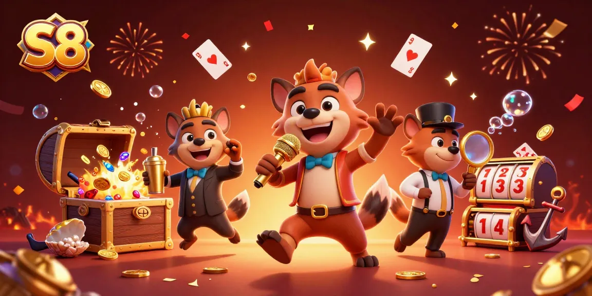S8 invites players to enjoy vibrant casino fun with detailed comedy club hyenas and lively gambling elements.
