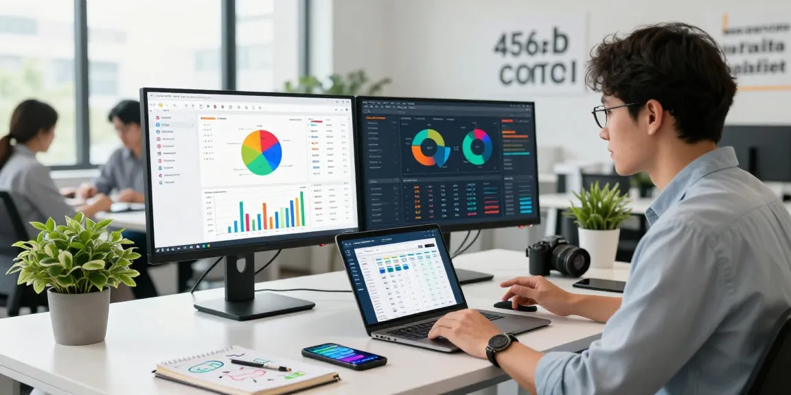 Marketing professional analyzing 456bd performance metrics in a vibrant workspace