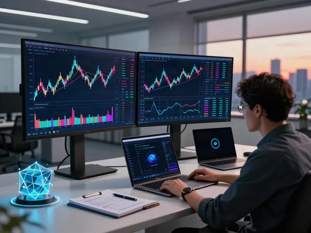 实时股票数据接口 displayed on monitors in advanced crypto trading setup, featuring candlestick charts and DeFi platform interactions.