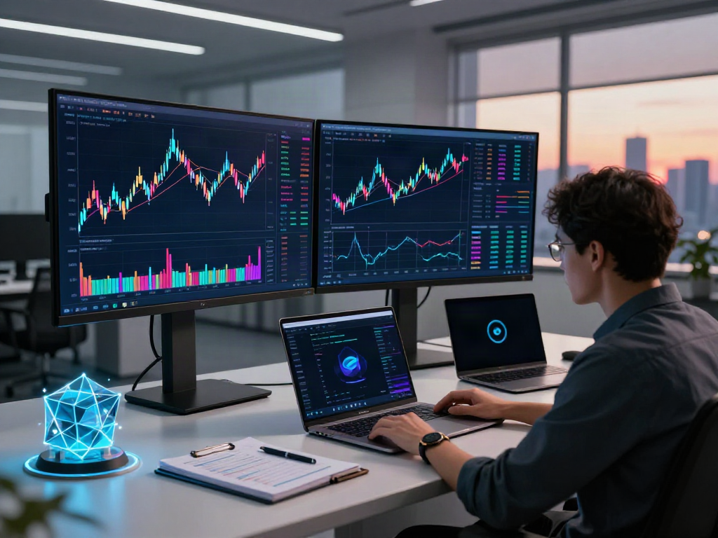 实时股票数据接口 displayed on monitors in advanced crypto trading setup, featuring candlestick charts and DeFi platform interactions.