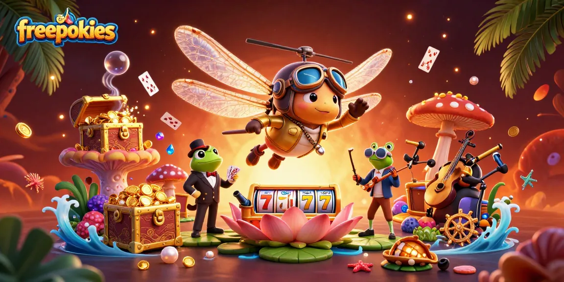 Experience freepokies gameplay with a dynamic 3D scene of a dragonfly pilot, frog croupier, and jazz musicians.