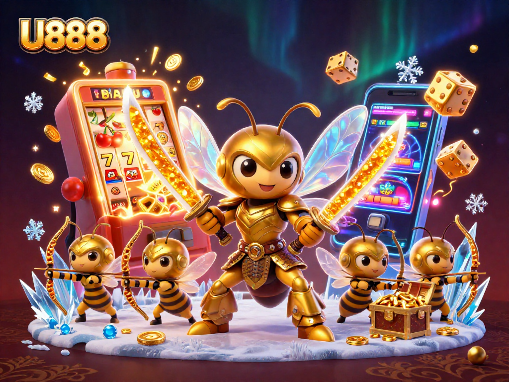 U888 players enjoy vibrant slot machines and bonuses in a dynamic casino illustration.