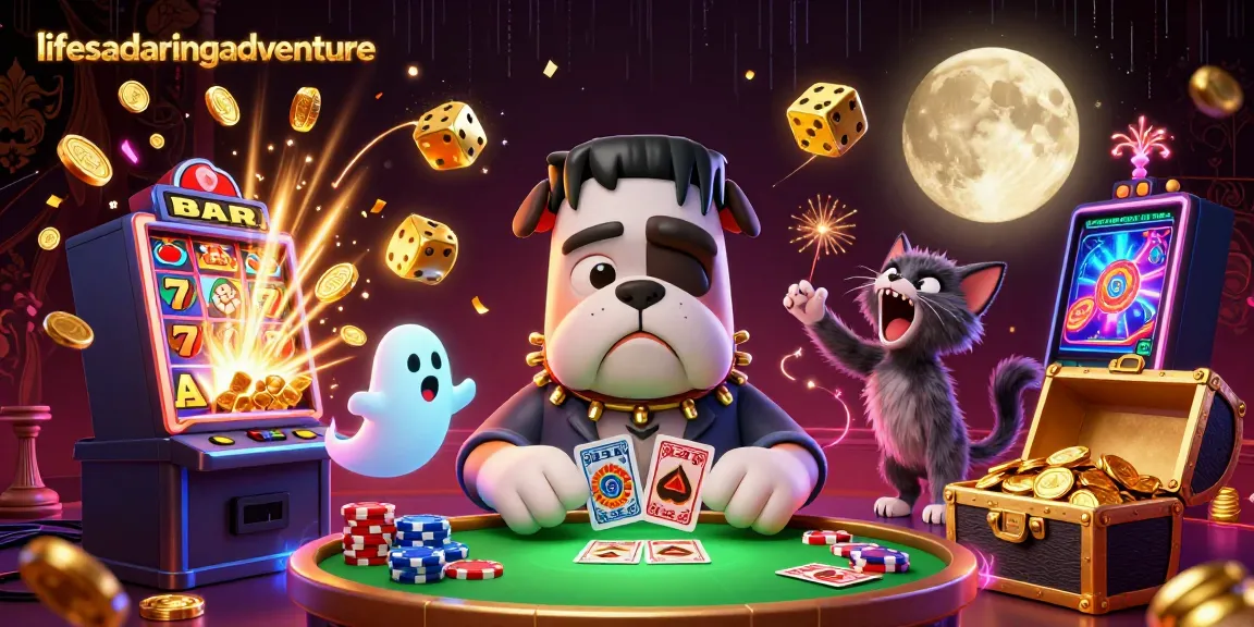 Engaging scene of lifesadaringadventure showcasing a whimsical casino environment with vibrant characters dealing cards.