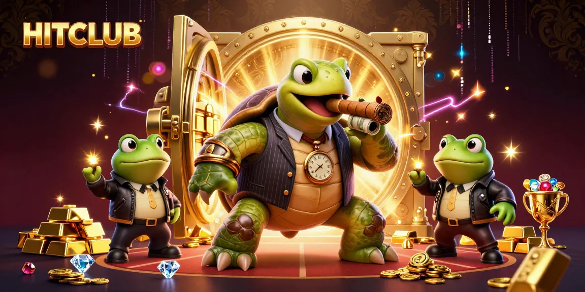 HITCLUB presents a vibrant 3D illustration with animated characters immersed in casino excitement and wealth.