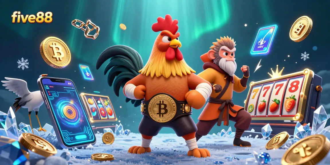 Engage with five88 and witness a fierce Muay Thai rooster alongside a Shaolin monkey in a vibrant 3D casino scene.
