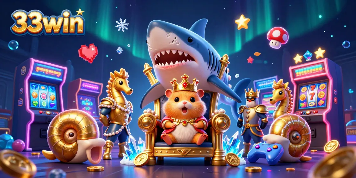 Experience the playful 33win adventure with a fierce hamster king and casino elements.