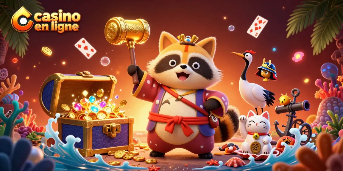 Découvrez le casino en ligne avec un tanuki chanceux dans une scène dynamique remplie de trésors.
