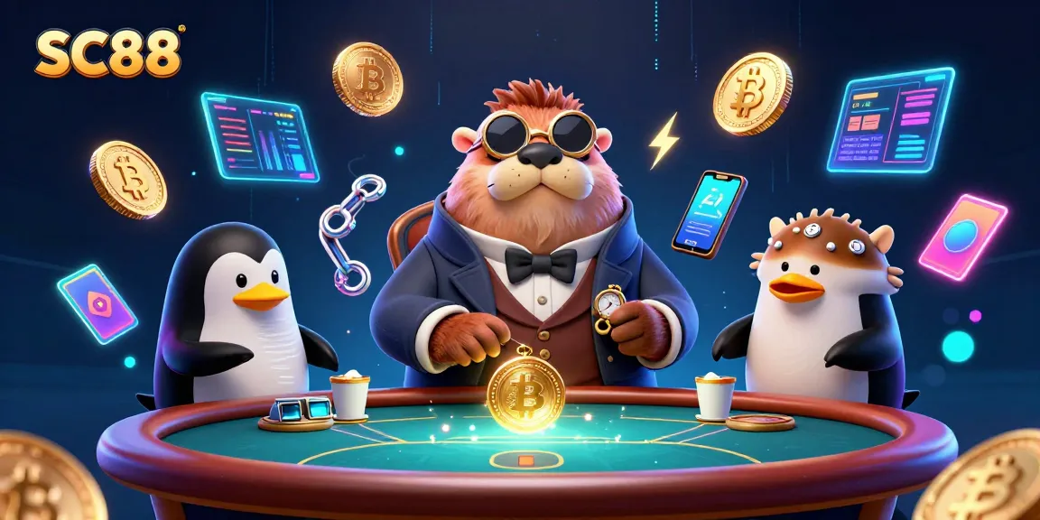 SC88 players bluff hands at an underwater poker table with vibrant crypto elements.