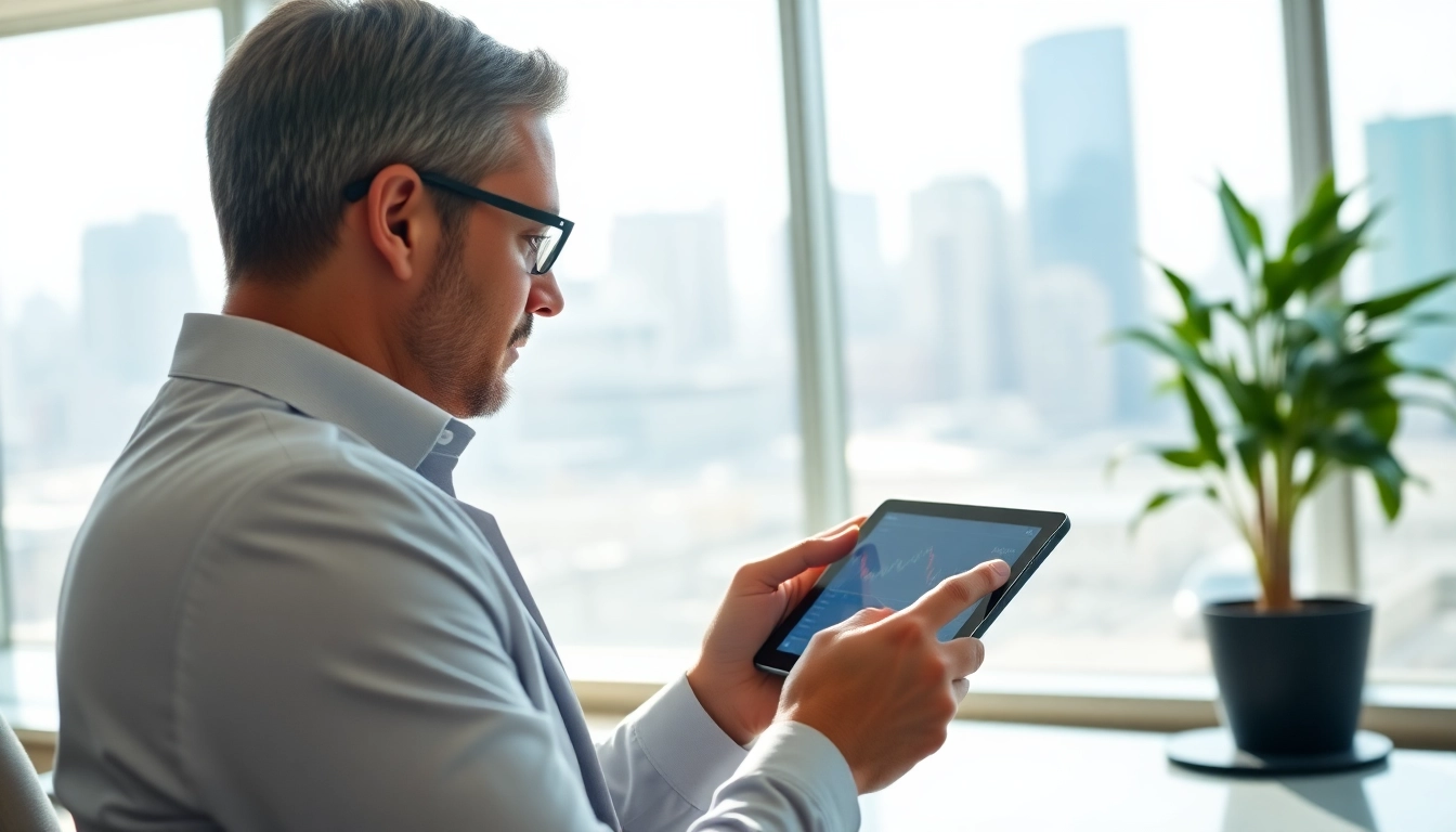 Engaging scene of AI Investing where a professional analyzes market data in a modern office setting.