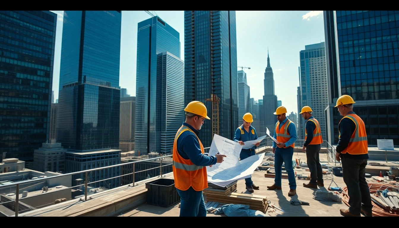 Dynamic scene of New York City Commercial General Contractor at work with a construction team on a high-rise project.