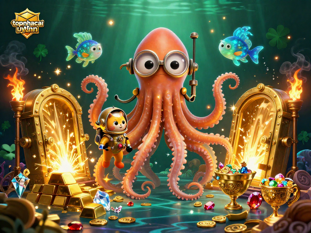 Experience the excitement of topnhacaiuytinn with a thrilling kraken and treasures in this dynamic scene.