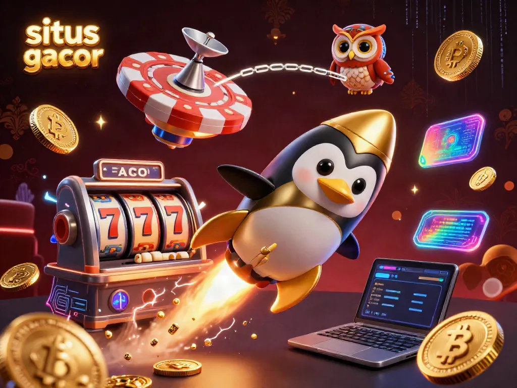 Experience vibrant casinofun with situs slot gacor's dynamic rocket penguin illustration, filled with colorful gaming elements.