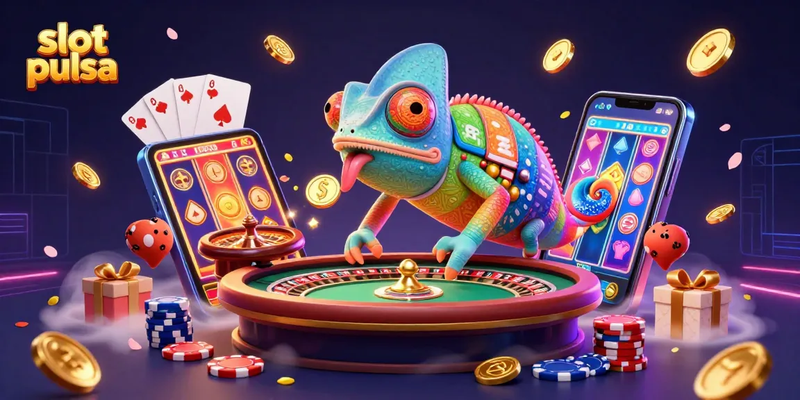 Experience slot pulsa excitement with a vibrant chameleon casino owner amid spinning reels and golden coins.