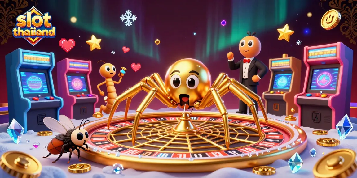 Experience top thrills at slot thailand with a golden spider crafting a roulette web amidst vibrant gambling elements.
