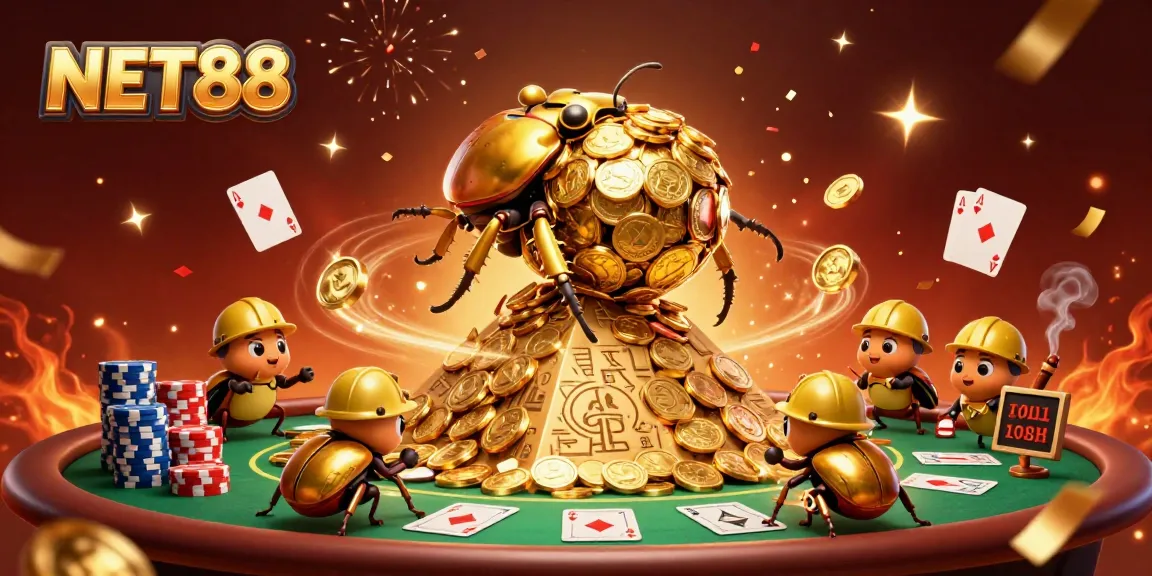 Engage with vibrant NET88 casino illustration featuring golden beetles and colorful poker elements.