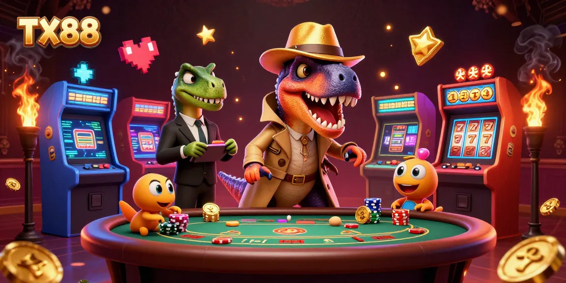 TX88 blackjack scene with a velociraptor counter, a stegosaurus pit boss, and a compy pickpocket amidst vibrant casino elements.