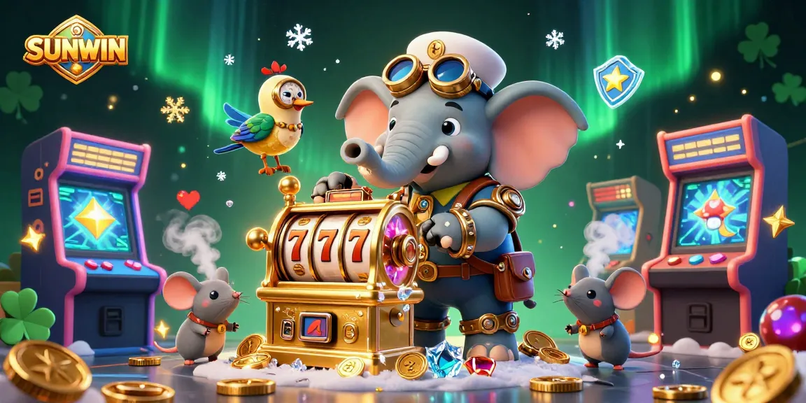 SUNWIN's steampunk-themed 3D casino illustration with slot machines, vibrant game elements, and energetic characters.
