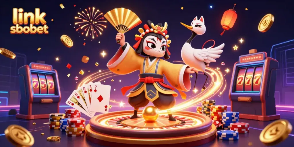 Experience thrilling moments at link sbobet with this vibrant 3D casino scene featuring Kabuki warrior and gaming elements.