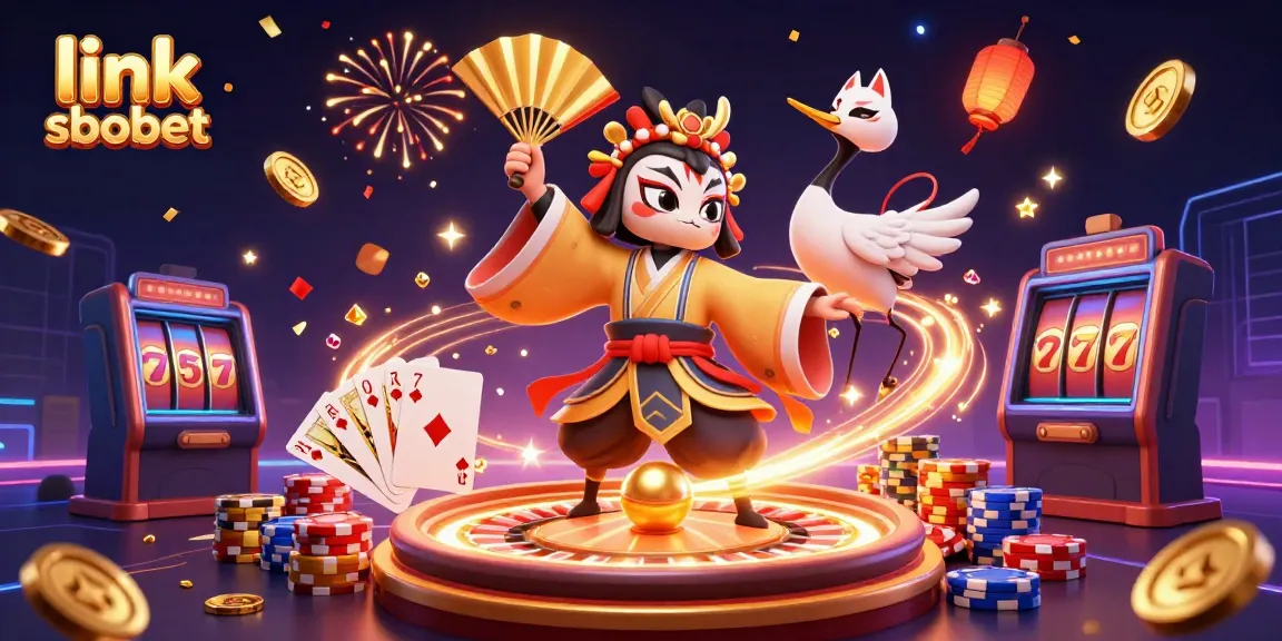 Experience thrilling moments at link sbobet with this vibrant 3D casino scene featuring Kabuki warrior and gaming elements.
