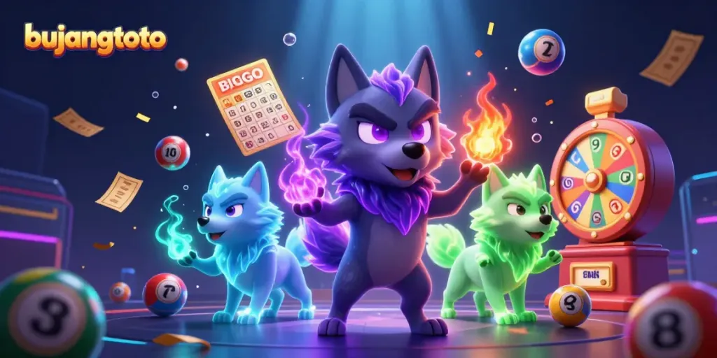 Bujangtoto showcases dynamic gaming action with glowing wolf characters and colorful lottery elements.
